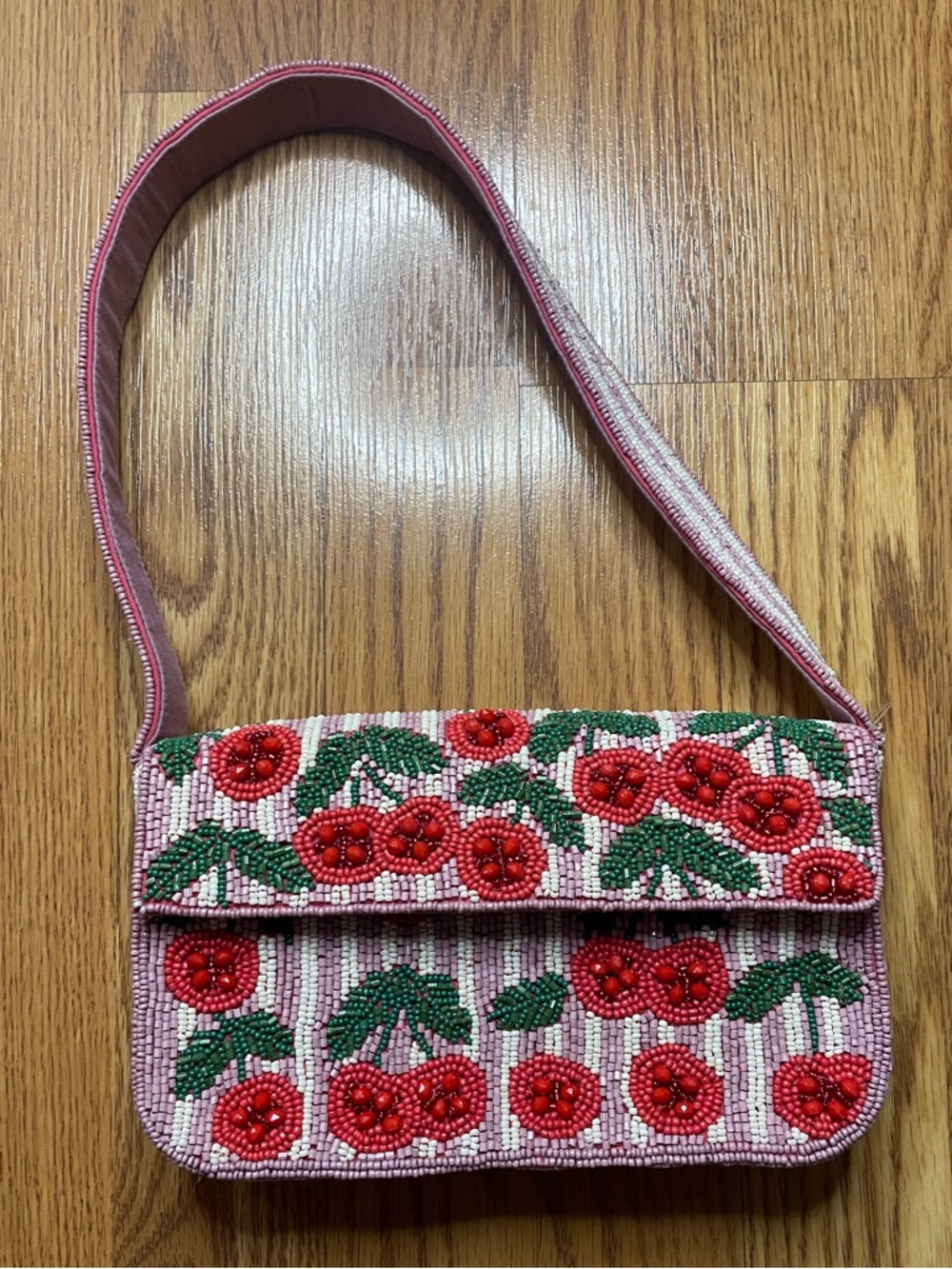 NWT Anthropologie Beaded Cherry Shoulder Bag Pink Stripe